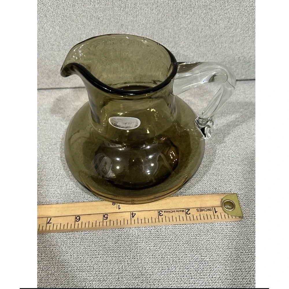 Bischoff Hand Crafted Glass Pitcher Olive Green‎ Smoke / Avocado MCM 6in